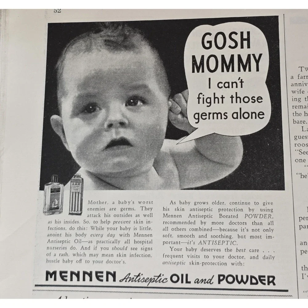 Vintage 1939 Mennen Antiseptic Oil and Powder Advertisement Baby Germs